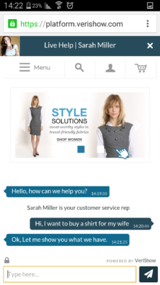 Customer view: customer and agent are chatting and co-browsing the website in real-time