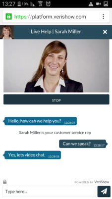 Customer View: text and video chat session in an Android device